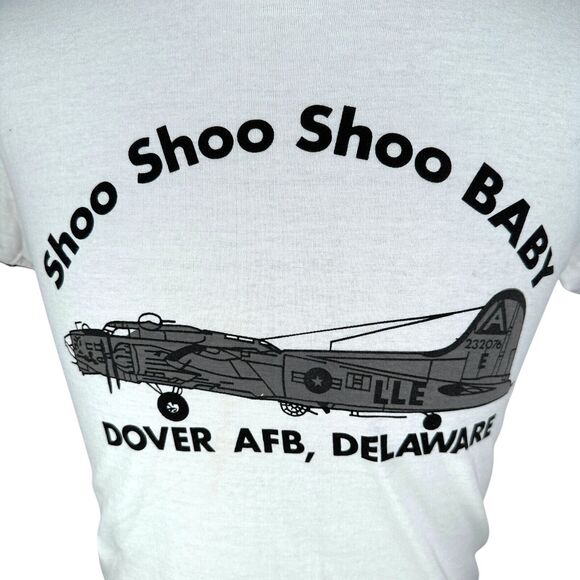 Vintage Champion Shoo Shoo Baby T-Shirt Mens Large 80s WW2 Airplane Ringer USA - Picture 2 of 8